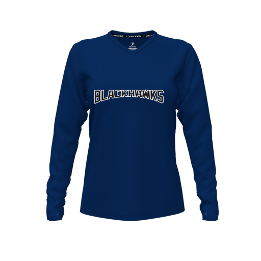 [CUS-DFW-TEES-PER-VNK-LSL-NVY-FYXS-LOGO2] Performance T-Shirt (Female Youth XS, Navy, V Neck, Logo 2, Long Sleeve)