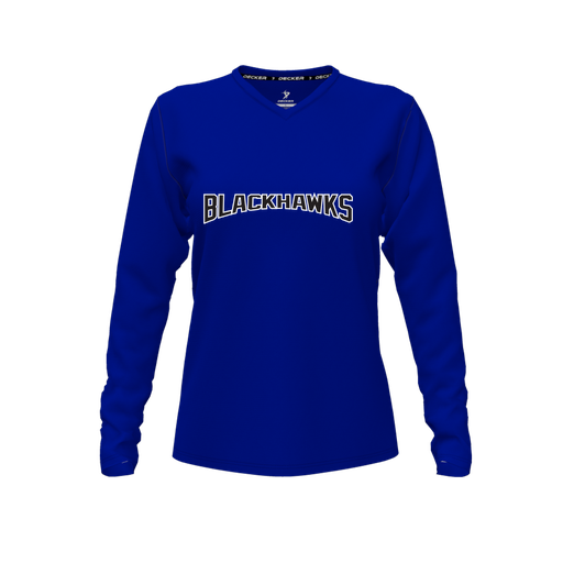 [CUS-DFW-TEES-PER-VNK-LSL-RYL-FYXS-LOGO2] Performance T-Shirt (Female Youth XS, Royal, V Neck, Logo 2, Long Sleeve)