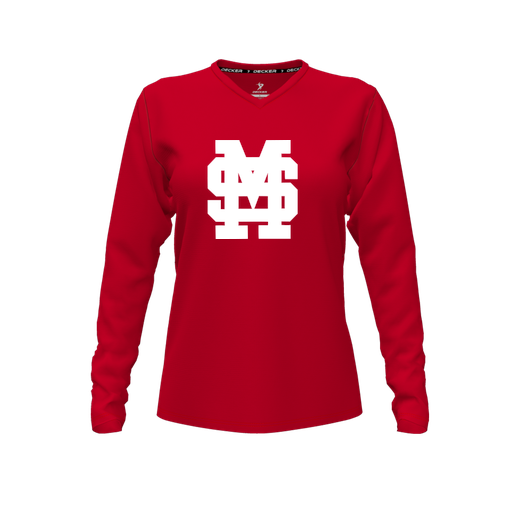 [CUS-DFW-TEES-PER-VNK-LSL-RED-FYXS-LOGO3] Performance T-Shirt (Female Youth XS, Red, V Neck, Logo 3, Long Sleeve)